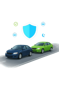 How Dial a Driver Works? 3 A realistic digital illustration showing a blue sedan driving ahead of a green sedan on a two-lane road, symbolizing a client's car and a chase support car. Above the vehicles is a glowing blue shield representing safety and insurance, surrounded by subtle icons including a checkmark, a car, and a crescent moon for late-night service.