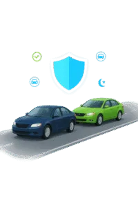 A realistic digital illustration showing a blue sedan driving ahead of a green sedan on a two-lane road, symbolizing a client's car and a chase support car. Above the vehicles is a glowing blue shield representing safety and insurance, surrounded by subtle icons including a checkmark, a car, and a crescent moon for late-night service.
