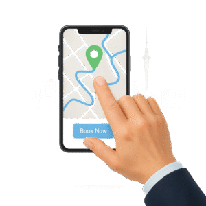 How Dial a Driver Works? 1 A realistic illustration of a hand tapping on a smartphone screen displaying a city map with a green location pin and a blue "Book Now" button, with a faint outline of Auckland's skyline in the background.