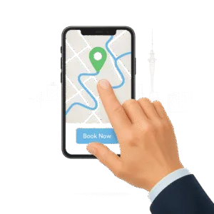 A realistic illustration of a hand tapping on a smartphone screen displaying a city map with a green location pin and a blue "Book Now" button, with a faint outline of Auckland's skyline in the background.