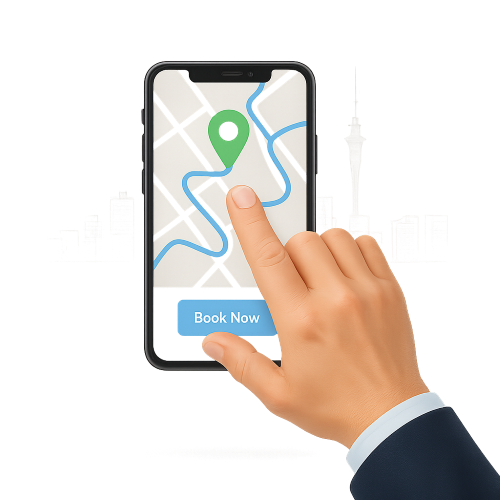 How Dial a Driver Works? 1 A realistic illustration of a hand tapping on a smartphone screen displaying a city map with a green location pin and a blue "Book Now" button, with a faint outline of Auckland's skyline in the background.