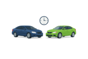 How Dial a Driver Works? 2 Two realistic cars, a blue sedan and a green sedan, are parked slightly apart on a clean surface with a minimalist clock icon above them, symbolizing quick arrival. The background is simple and dark, emphasizing the vehicles and clock.