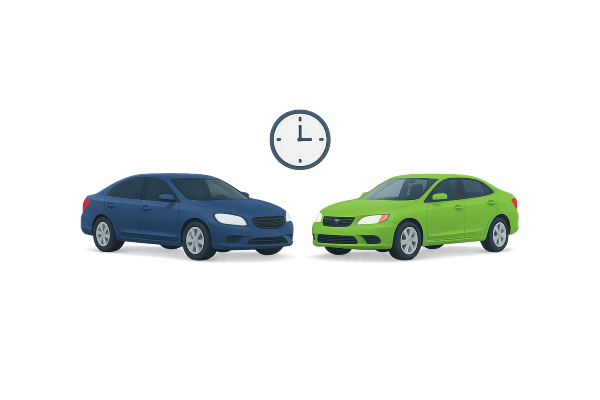How Dial a Driver Works? 2 Two realistic cars, a blue sedan and a green sedan, are parked slightly apart on a clean surface with a minimalist clock icon above them, symbolizing quick arrival. The background is simple and dark, emphasizing the vehicles and clock.
